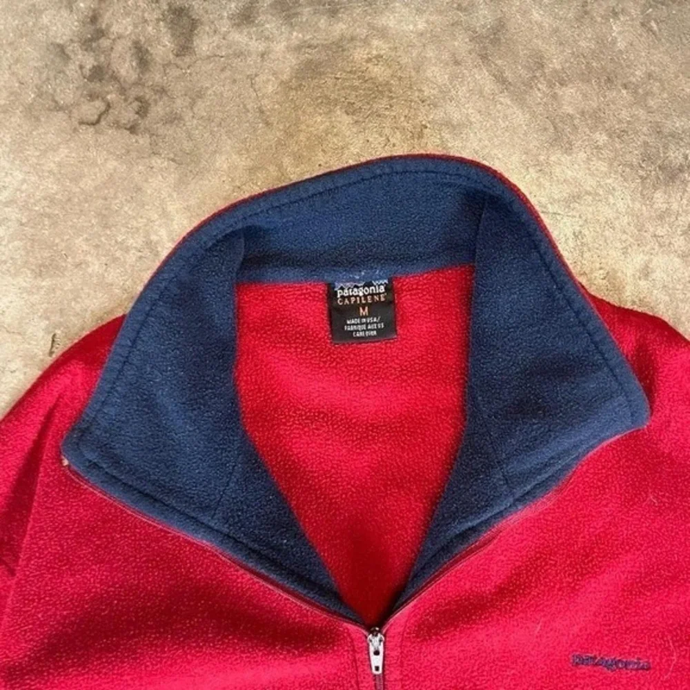 Patagonia Red Fleece Quarter Zip Pullover Jacket Navy‎ Collar Men's Medium